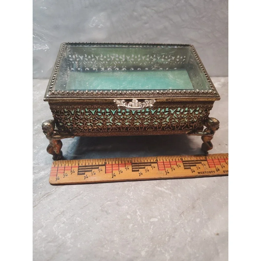 Antique Ormolu Gold Filigree Jewelry Casket Box Beveled Glass Velvet Cherub